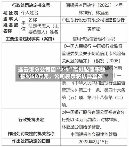 连云港分公司因“2·5”高处坠落事故被罚50万元	，公司表示将认真整改-第1张图片