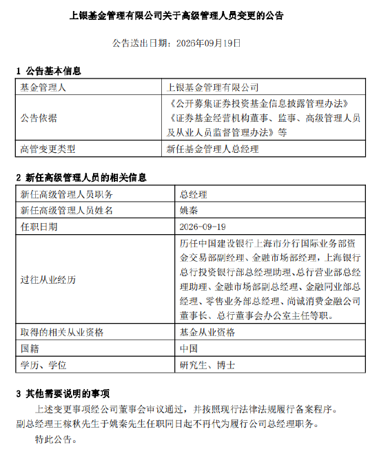上银基金总经理落定：上海银行老将姚秦接棒 能否破解固收“独大	”格局？